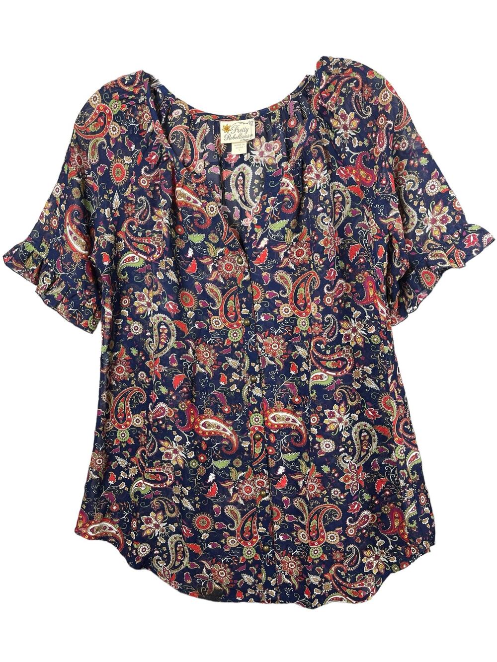Pretty Rebellious Blue Floral Button Front Sheer Ruffle Sleeve Blouse Small